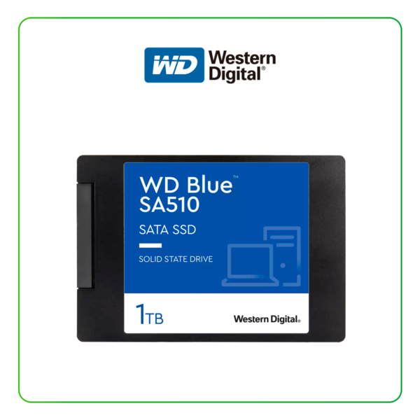 Unidad en estado solido Western Digital Blue SA510, 1TB, SATA 6Gb/s, 2.5", 7mm. Velocidad de escritura 520 MB/s, velocidad de lectura 560 MB/s.