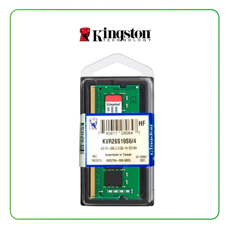 MEMORIA KINGSTON KVR26S19S6/4 PARA LAPTOP, 4GB, DDR4, SO-DIMM, 2666 MHZ, CL19, 1.2V