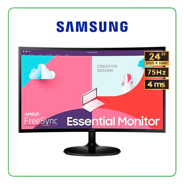 Monitor Curvo Samsung Essential S3 S36C, 24" FHD 1920 x 1080, 75Hz, PANEL VA, AMD FREESYNC, 4MS, HDMI/VGA - LS24C360EALXPE