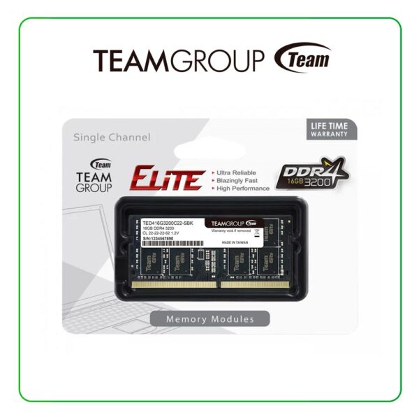 MEMORIA SODIMM TEAM GROUP ELITE 16GB DDR4 3200 MHZ, TED416G3200C22-SBK, PC4-25600, CL-22, 1.2V