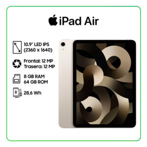 APPLE IPAD AIR (5ª GEN) CHIP M1, 10.9" (2360 x 1640) LED, IPS, 8GB RAM , 64GB ROM, WIFI 6, BT, T:12MP - F:12MP, TOUCH ID, iOS - MM9F3LL/A (90092411)