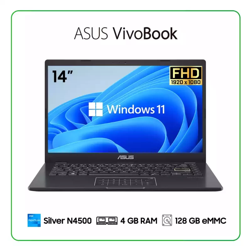 LAPTOP ASUS VIVOBOOK GO 14 E410KA-CL4128 INTEL PENTIUM SILVER N4500 / 4GB RAM / 128GB eMMC / 14” FHD (1920 x 1080) / INTEL UHD GRAPHICS / WINDOWS 11